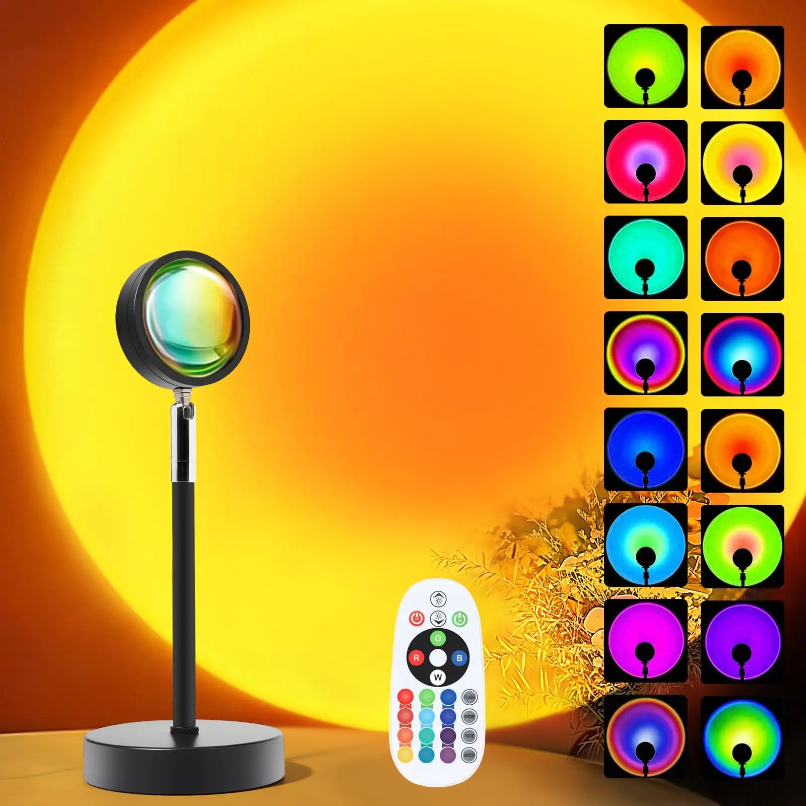 Colorful LED lamp with remote control on an orange background
