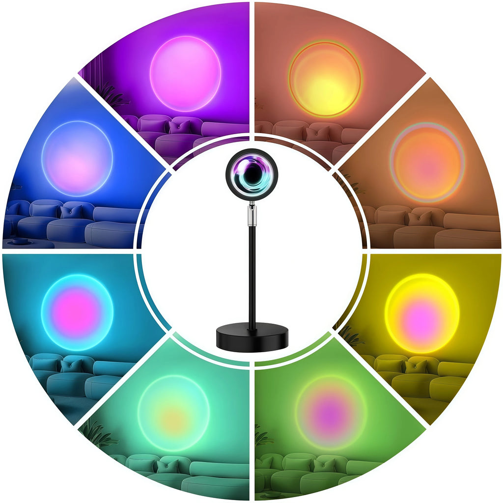 Colorful light display with a stand in the center, surrounded by various colored lights.