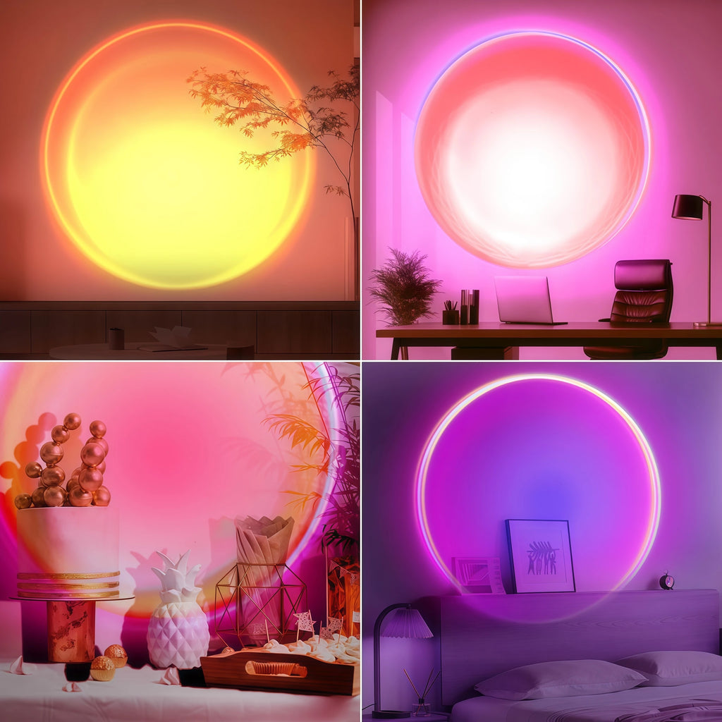 Four different circular neon lights in various colors in a room setting.