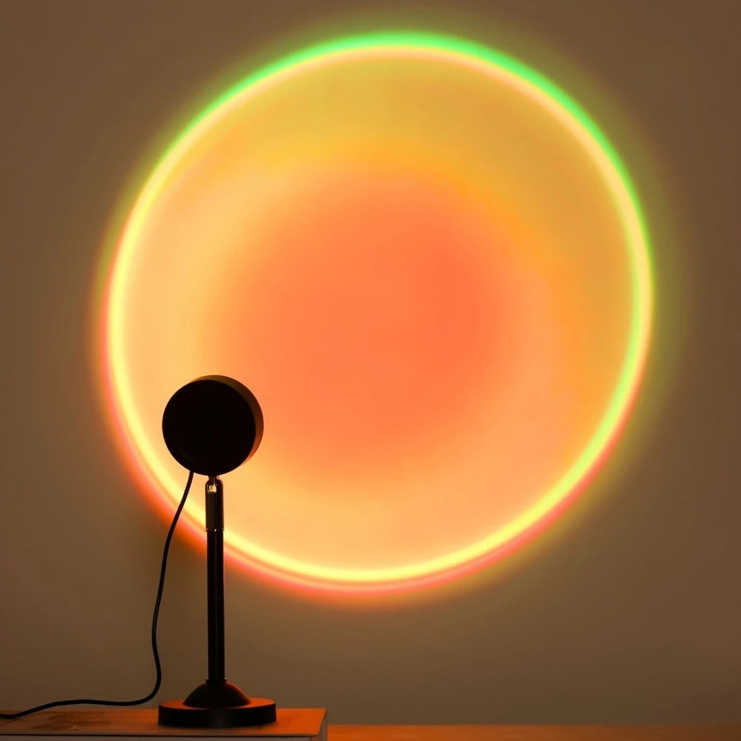 Neon light with a circular design casting a colorful glow on a wall.