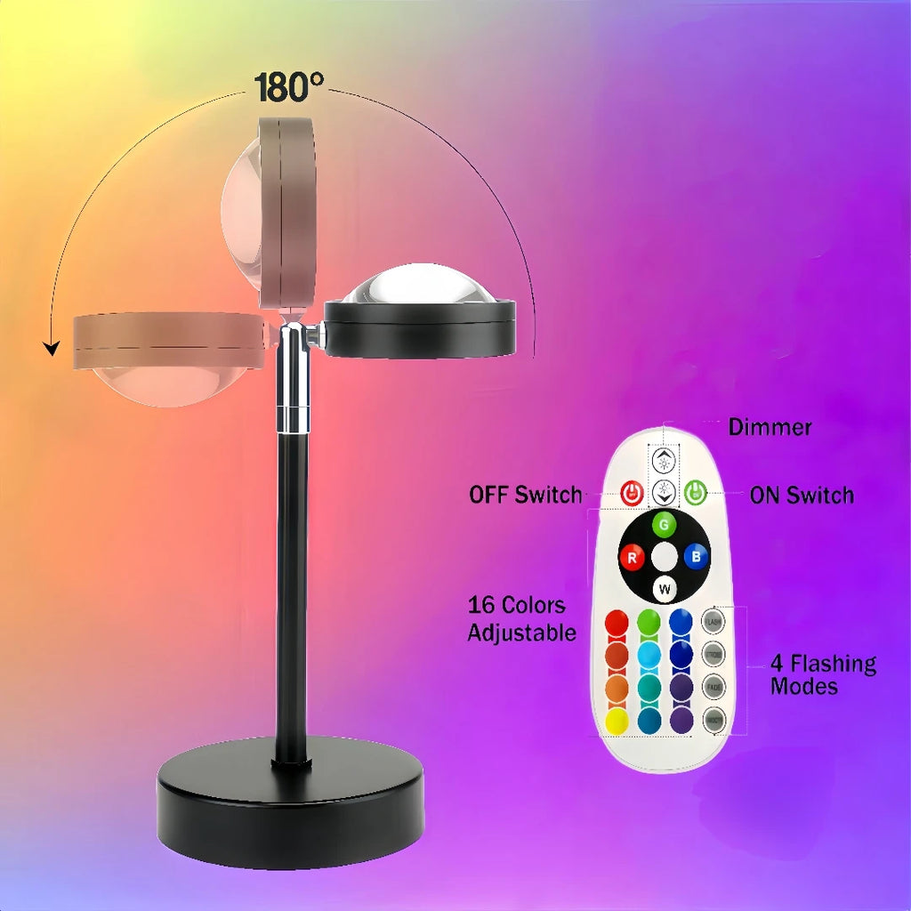 Colorful LED lamp with remote control on a gradient background