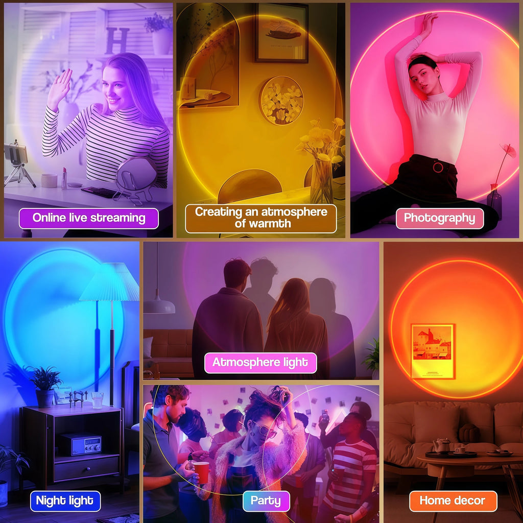 Collage of people using different colored lights for various activities including online live streaming, creating warmth, photography, atmosphere light, night light, party, and home decor.